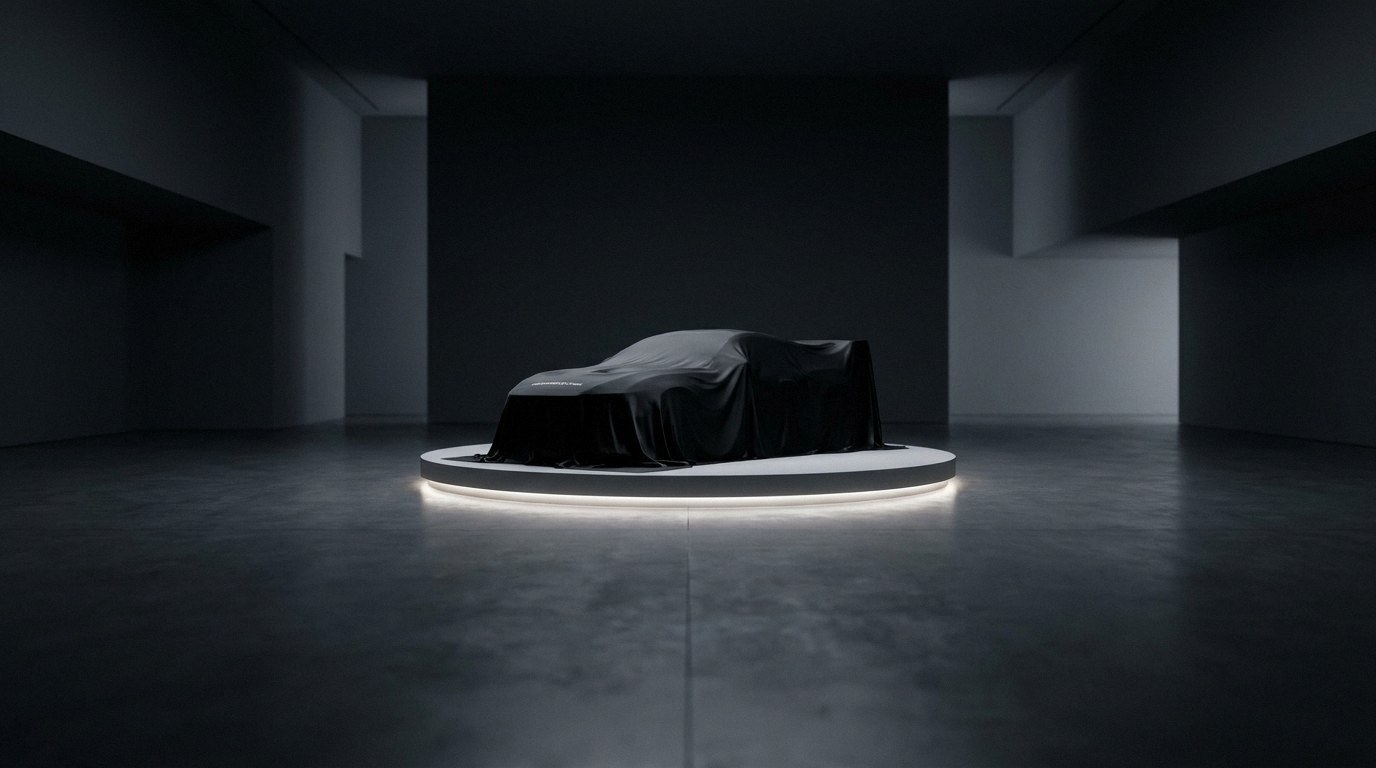 A dark, minimalist room featuring a concealed car on a glowing circular podium. The black cover hides the vehicle's