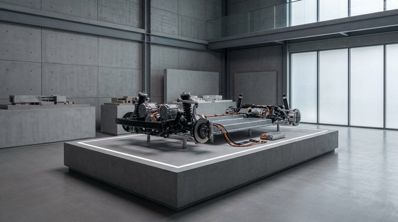 An exposed electric vehicle chassis with a battery pack and motors displayed on a lit concrete platform inside a vast