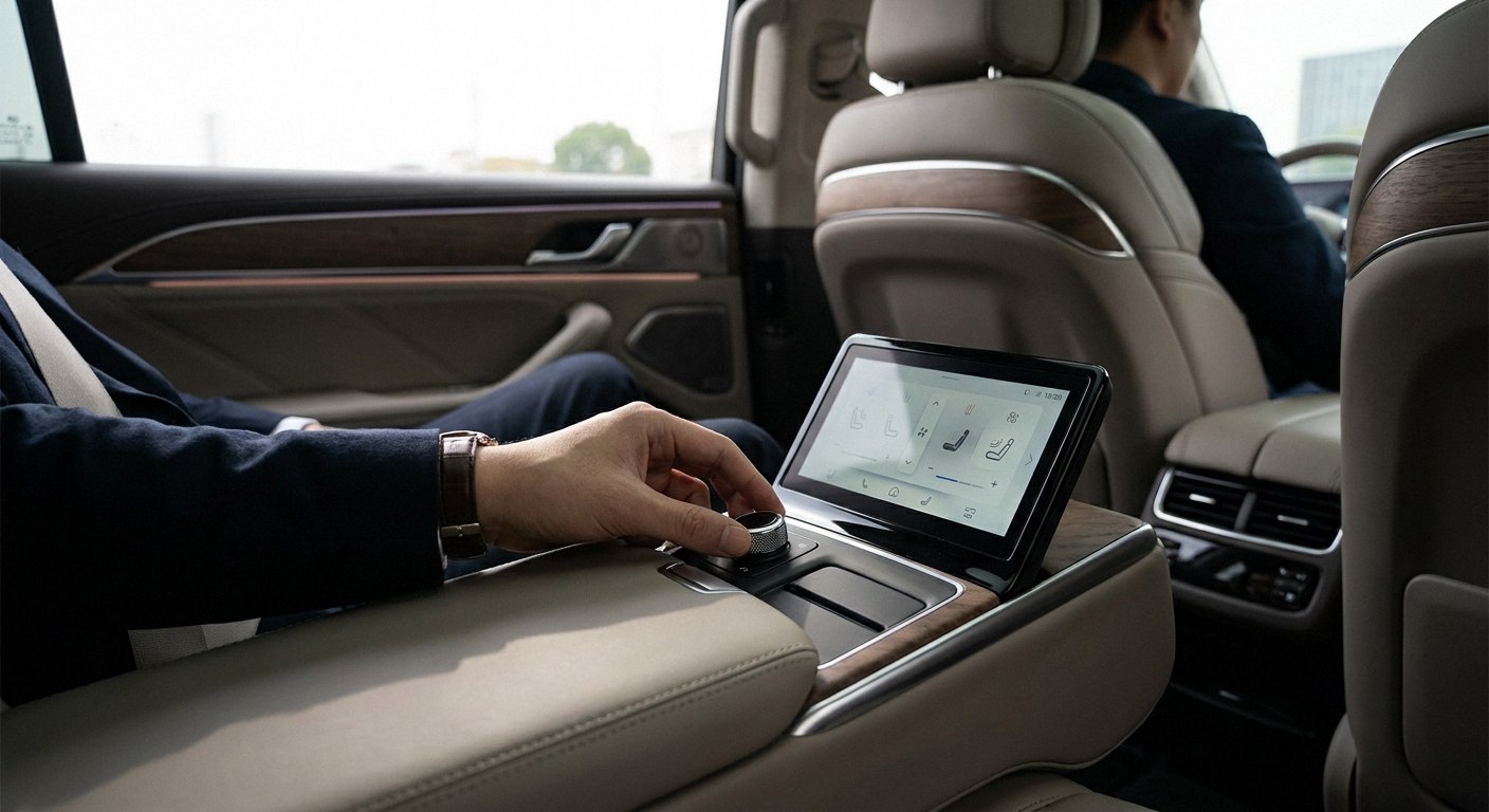 Interior of a luxury vehicle. A passenger's hand turns a dial on a rear-seat touchscreen console. Beige leather seats